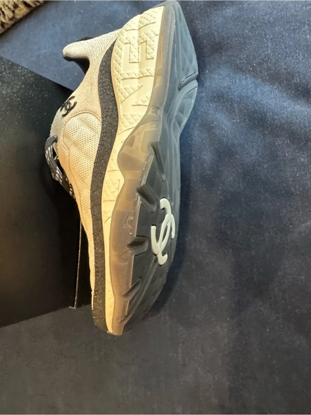 CHANEL Cream and Black Mesh & Suede Athletic Sneakers